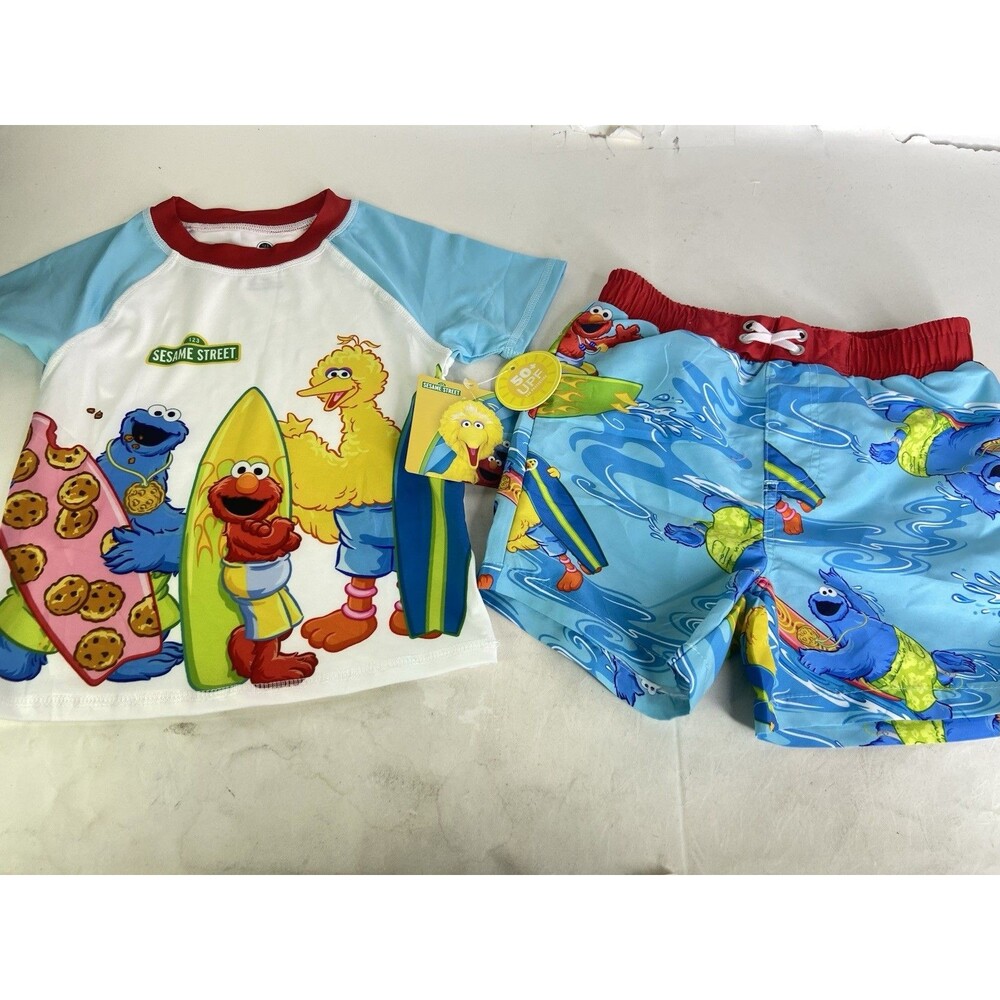 Sesame Street Rash Guard and Swim Trunks Swimwear Set Top Bottoms Boys Size 4T